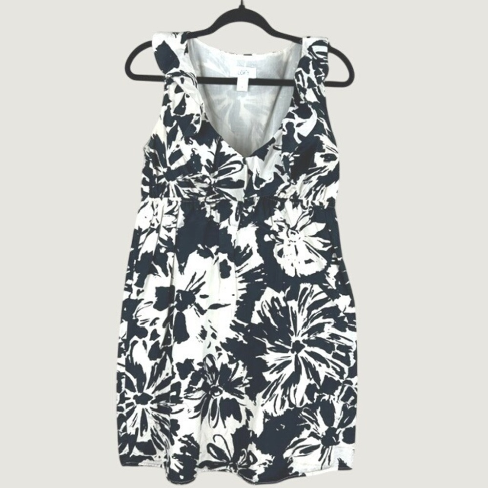 Ann Taylor LOFT Midi Dress Black White Floral Silk Cotton Ruffle Womens 8